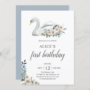 Boho Dusty Blue Flower Swan 1st Birthday Invitation