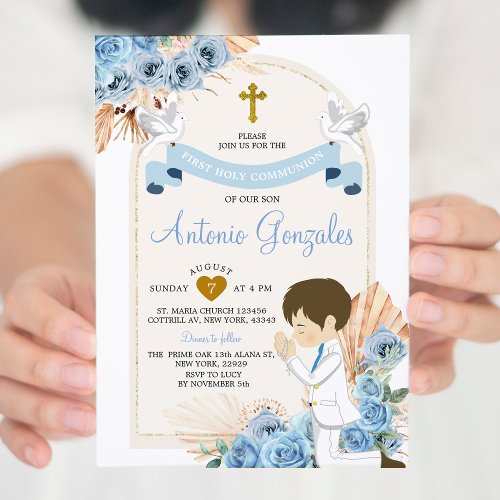 Boho Dusty Blue Flowers Boy First Holy Communion Invitation