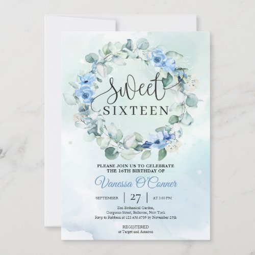 Boho dusty blue flowers eucalyptus wreath invitation