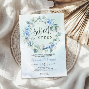 Boho dusty blue flowers eucalyptus wreath invitation