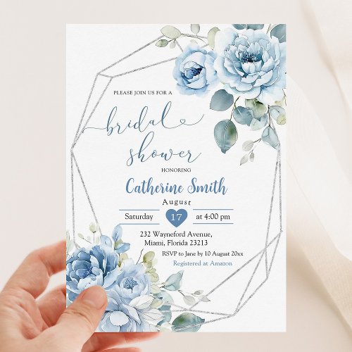 Boho Dusty Blue Flowers Geometric Bridal Shower Invitation