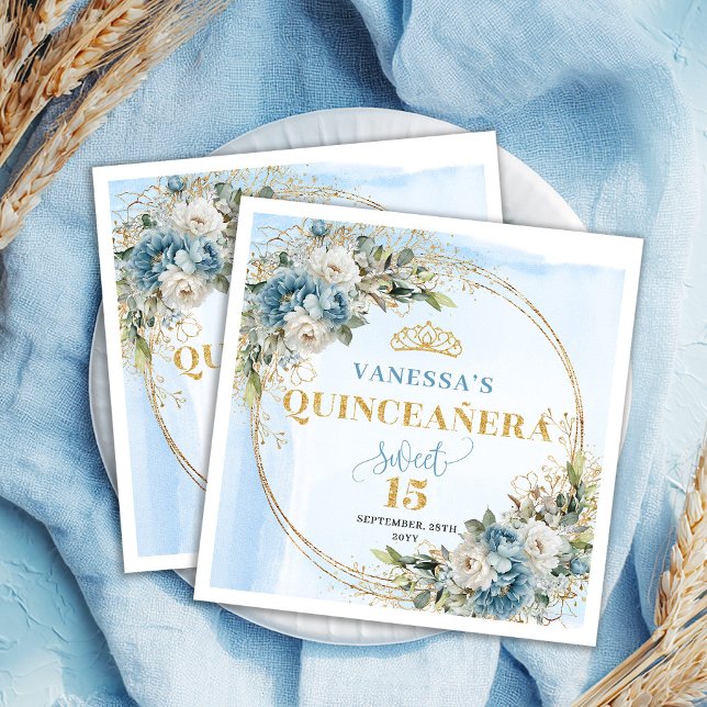 Boho Dusty Blue Flowers Gold Quinceañera Napkins (Boho Dusty Blue Flowers Gold Quinceañera Napkins)
