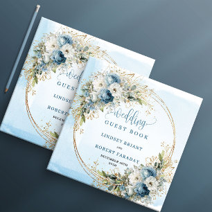 Boho Dusty Blue Flowers Greenery Gold Guest Book