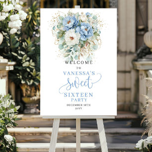 Boho Dusty Blue Flowers Sweet 16 Welcome Sign