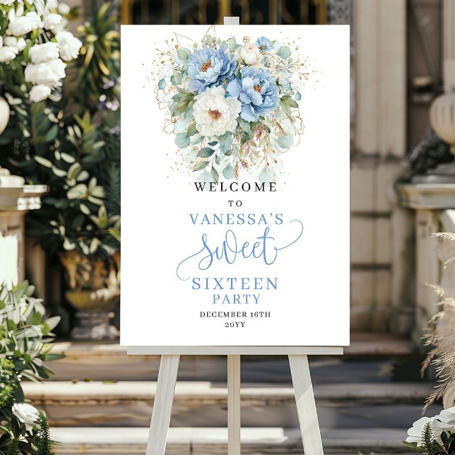 Boho Dusty Blue Flowers Sweet 16 Welcome Sign (Boho Dusty Blue Flowers Sweet 16 Welcome Sign)