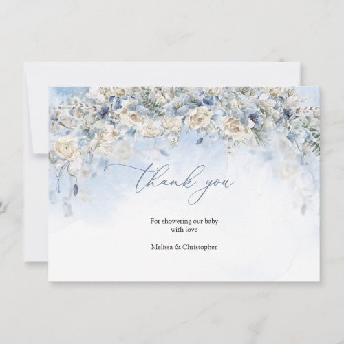 Boho dusty blue flowers white roses eucalyptus thank you card