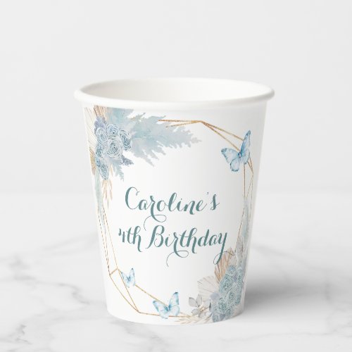 Boho Dusty Blue Flutter on Over Butterfly Birthday Paper Cups