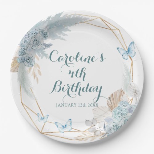 Boho Dusty Blue Flutter on Over Butterfly Birthday Paper Plates