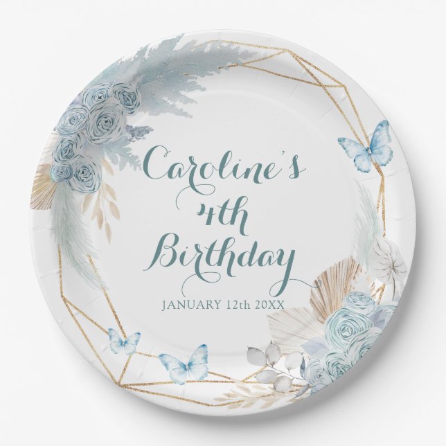 Boho Dusty Blue Flutter on Over Butterfly Birthday Paper Plates (Front)
