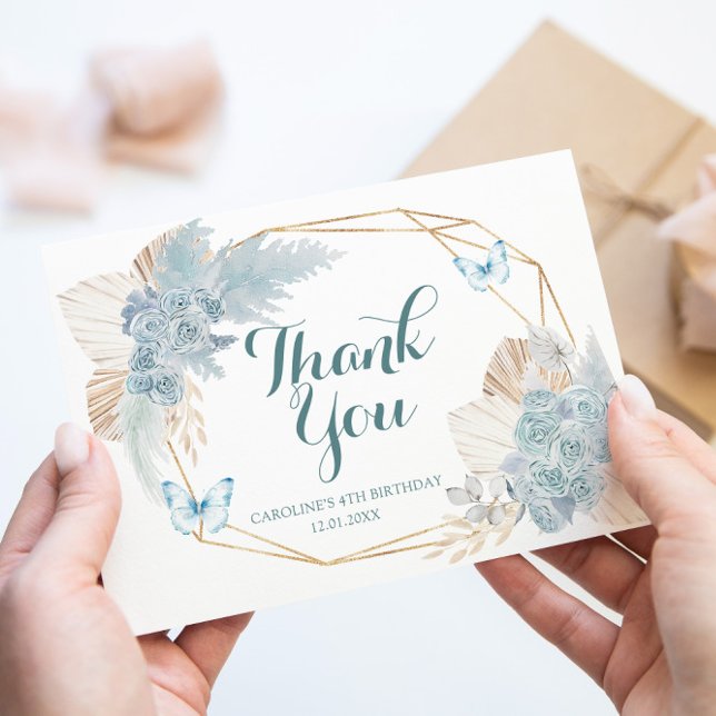 Boho Dusty Blue Flutter on Over Butterfly Birthday Thank You Card (Creator Uploaded)