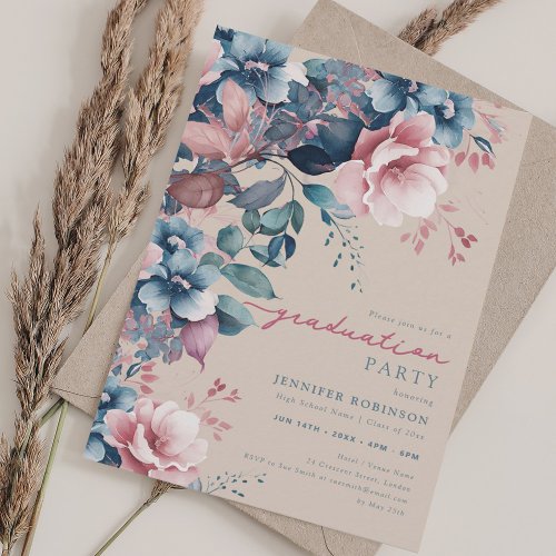 Boho Dusty Blue Garden Floral Graduation Champagne Invitation