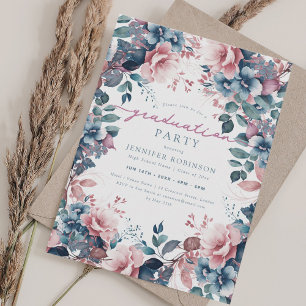 Boho Dusty Blue Garden Floral Graduation Invitation
