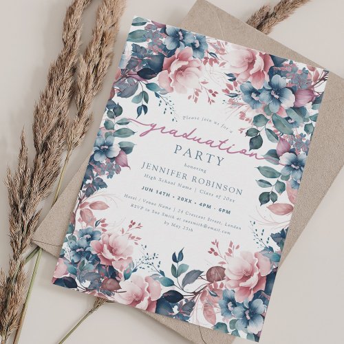 Boho Dusty Blue Garden Floral Graduation  Invitation