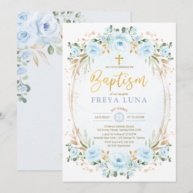 Boho Dusty Blue Gold Garden Floral Baptism Invitation (Front/Back)
