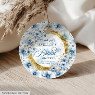 Boho Dusty Blue Gold Glitter Flowers Bridal Shower Favor Tags