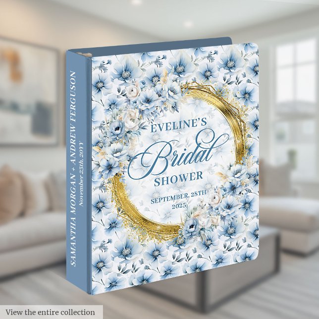 Boho Dusty Blue Gold Glitter Flowers Memory Album 3 Ring Binder (Boho Dusty Blue Gold Glitter Flowers Memory Album 3 ring binder )