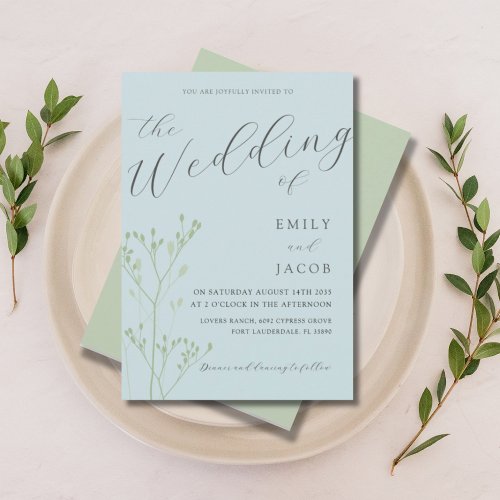 Boho Dusty Blue  Green Botanical Wedding Invitation