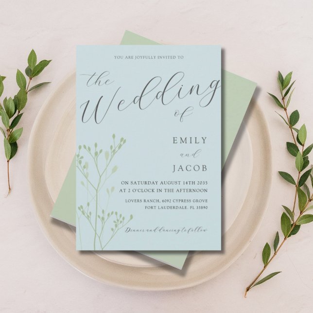 Boho Dusty Blue & Green Botanical Wedding Invitation (Creator Uploaded)