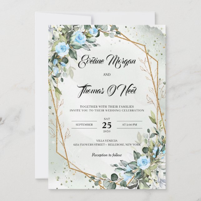 Boho dusty blue greenery and gold frame invitation (Front)