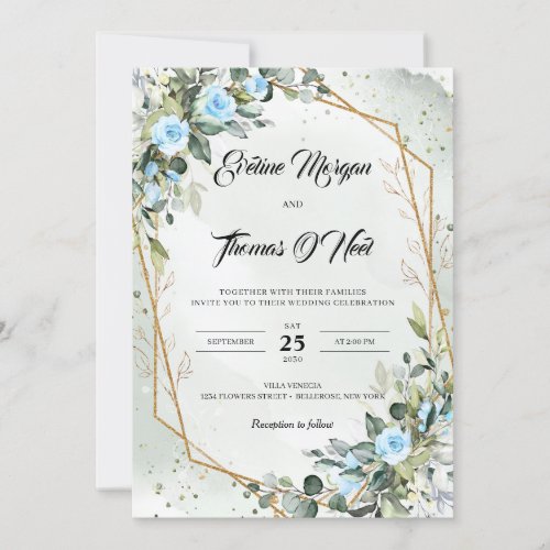 Boho dusty blue greenery and gold frame invitation