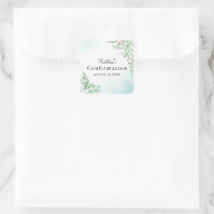 Boho Dusty Blue Greenery First Holy Confirmation Square Sticker