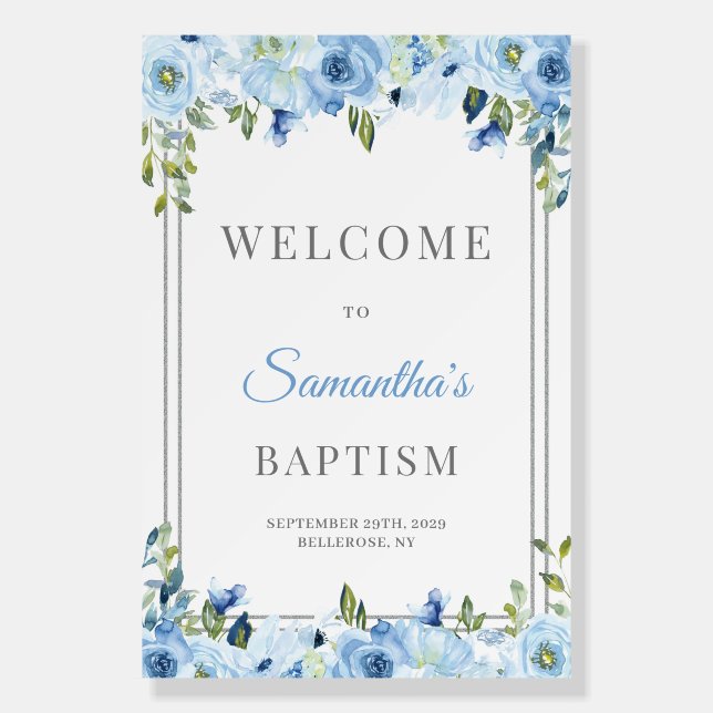 Boho Dusty blue greenery silver baptism welcome Fo Foam Board (Front)