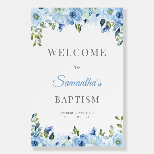 Boho Dusty blue greenery silver baptism welcome Foam Board (Front)