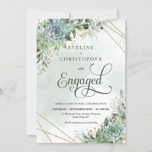 Boho dusty blue greenery succulents gold engage in invitation