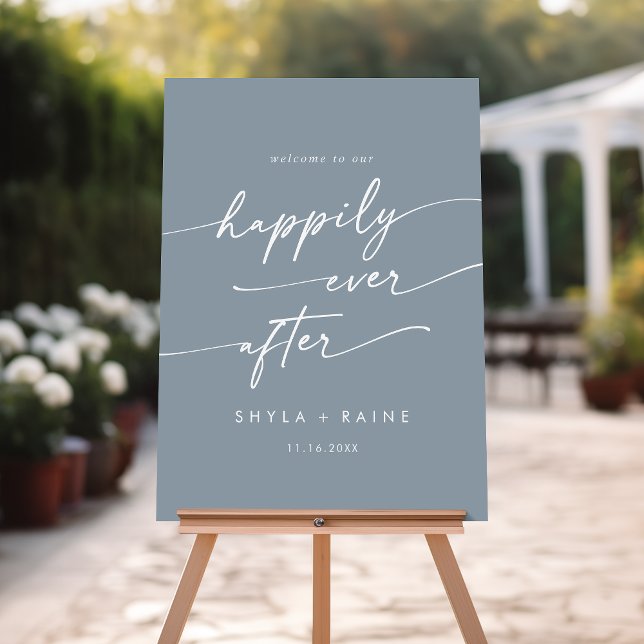Boho Dusty Blue Happily Wedding Welcome Sign (Creator Uploaded)