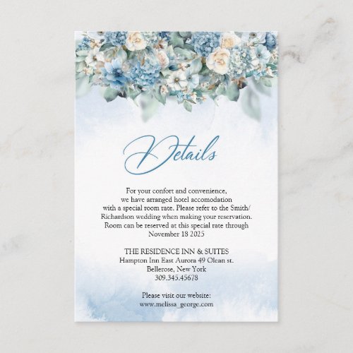 Boho dusty blue hydrangea and white roses details enclosure card
