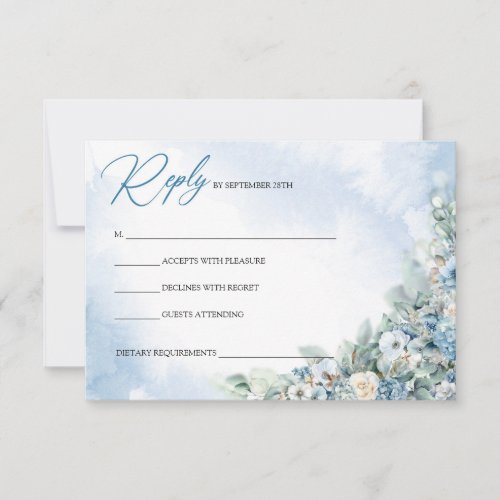 Boho dusty blue hydrangea and white roses  RSVP card