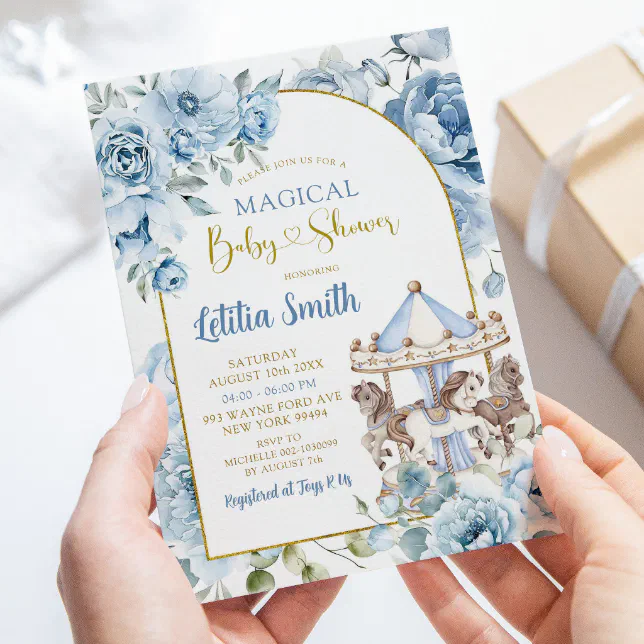 Boho Dusty Blue Magical Carousel Baby Shower Invitation | Zazzle