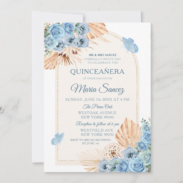 Boho Dusty Blue Mexican Girl Quinceañera Invitation (Front)