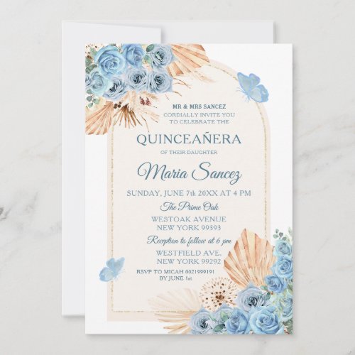 Boho Dusty Blue Mexican Girl Quinceaera Invitation