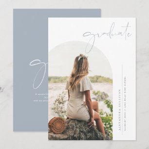 Boho Dusty Blue Minimalist Arch Photo Graduation Invitation