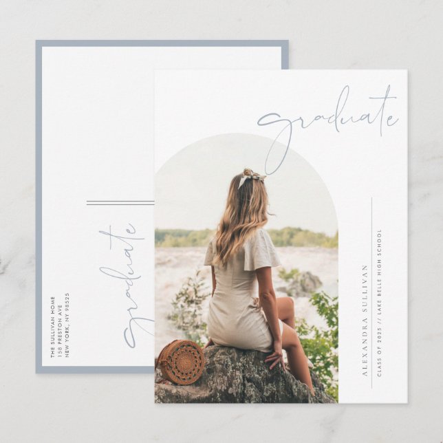 Boho Dusty Blue Minimalist Arch Photo Graduation Invitation Postcard (Front/Back)
