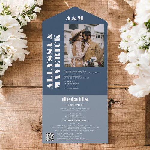 Boho dusty blue monogram Bold simple photo wedding All In One Invitation