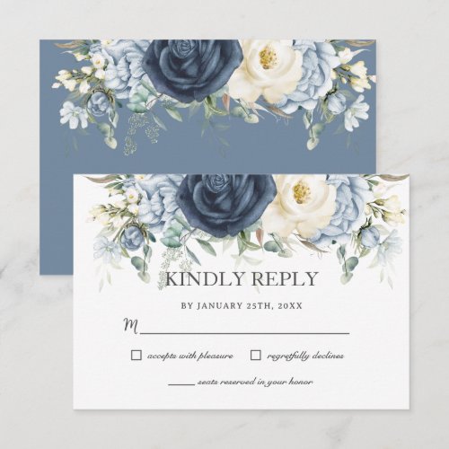 Boho Dusty Blue Navy Ivory Floral Sage Wedding RSVP Card