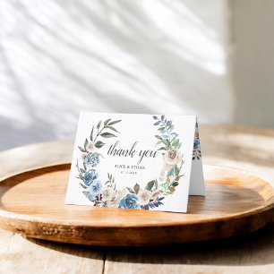 Boho Dusty Blue Neutral Flowers Wedding Letterpress Thank You Card