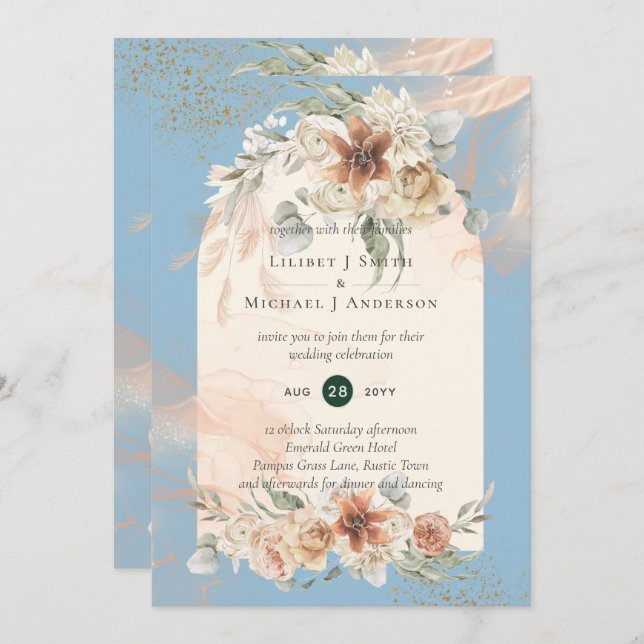 BOHO Dusty Blue Pampas Grass Wedding Invitation (Front/Back)