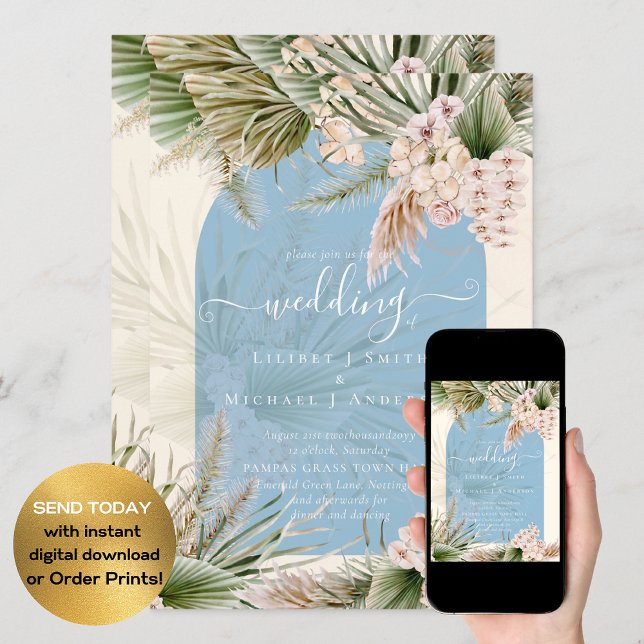 BOHO Dusty Blue Peach Pampas Grass Wedding Invitation (Creator Uploaded)