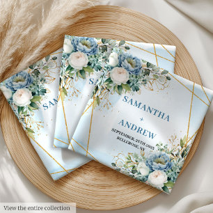 Boho Dusty Blue Peonies and Gold Frame Wedding Cloth Napkin
