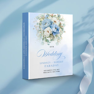 Boho Dusty Blue Peonies Gold Eucalyptus Wedding 3 Ring Binder