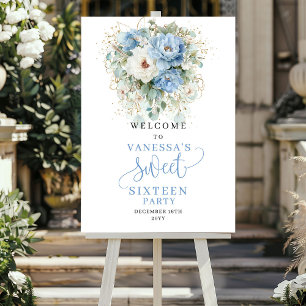 Boho Dusty Blue Peonies Sweet Sixteen Welcome Poster