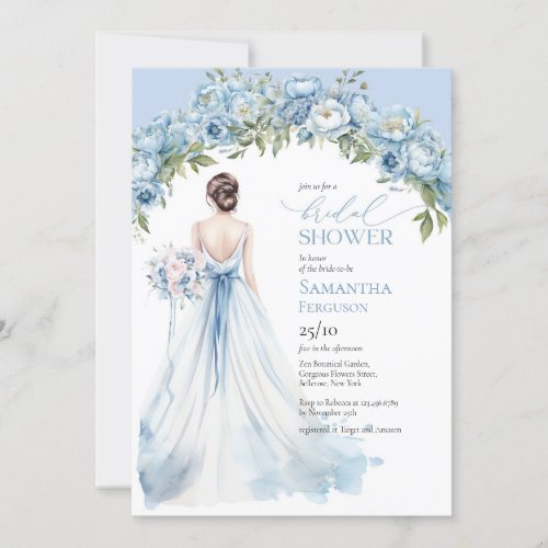 Boho dusty blue peonies wedding gown greenery invitation