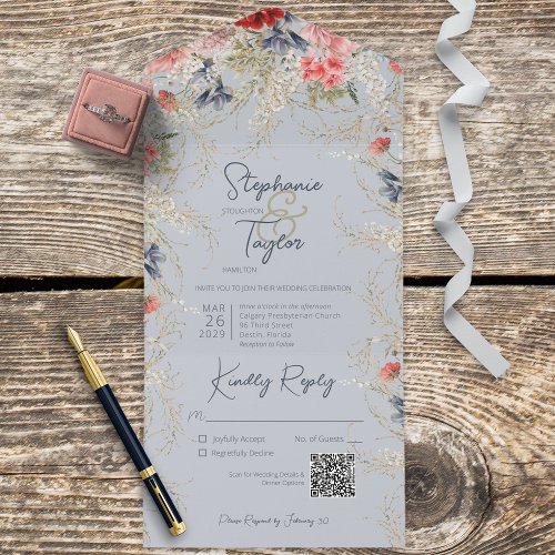 Boho Dusty Blue  Pink Floral Blue QR Code All In One Invitation