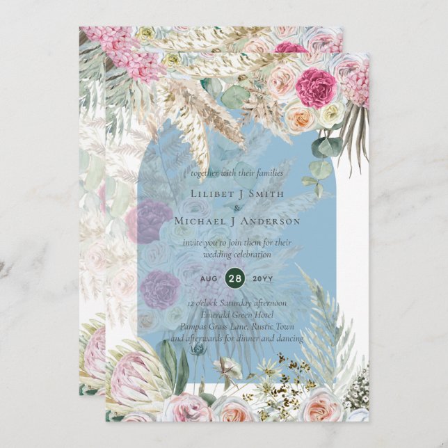 BOHO Dusty Blue Pink Floral Pampas Grass Wedding Invitation (Front/Back)