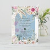 BOHO Dusty Blue Pink Floral Pampas Grass Wedding Invitation (Standing Front)