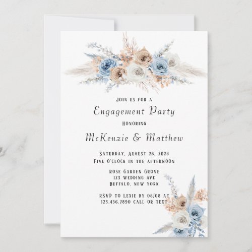 Boho Dusty Blue Pink Peony Engagement Party Invitation