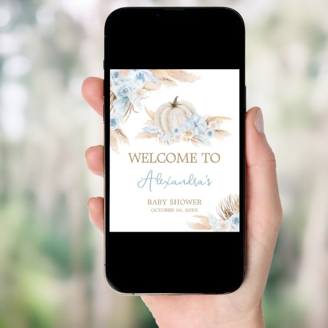 Boho Dusty Blue Pumpkin Baby Shower Welcome Poster (Front Digital)